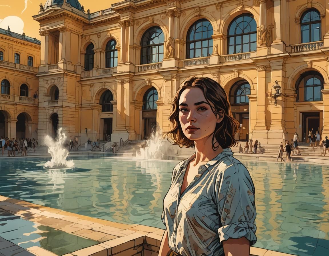 A european comic style hand drawn cartoon of a hot girl standing in Budapest