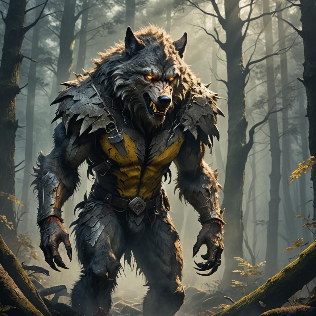 Hyperrealistic Wolfman in Misty Forest Concept Art
