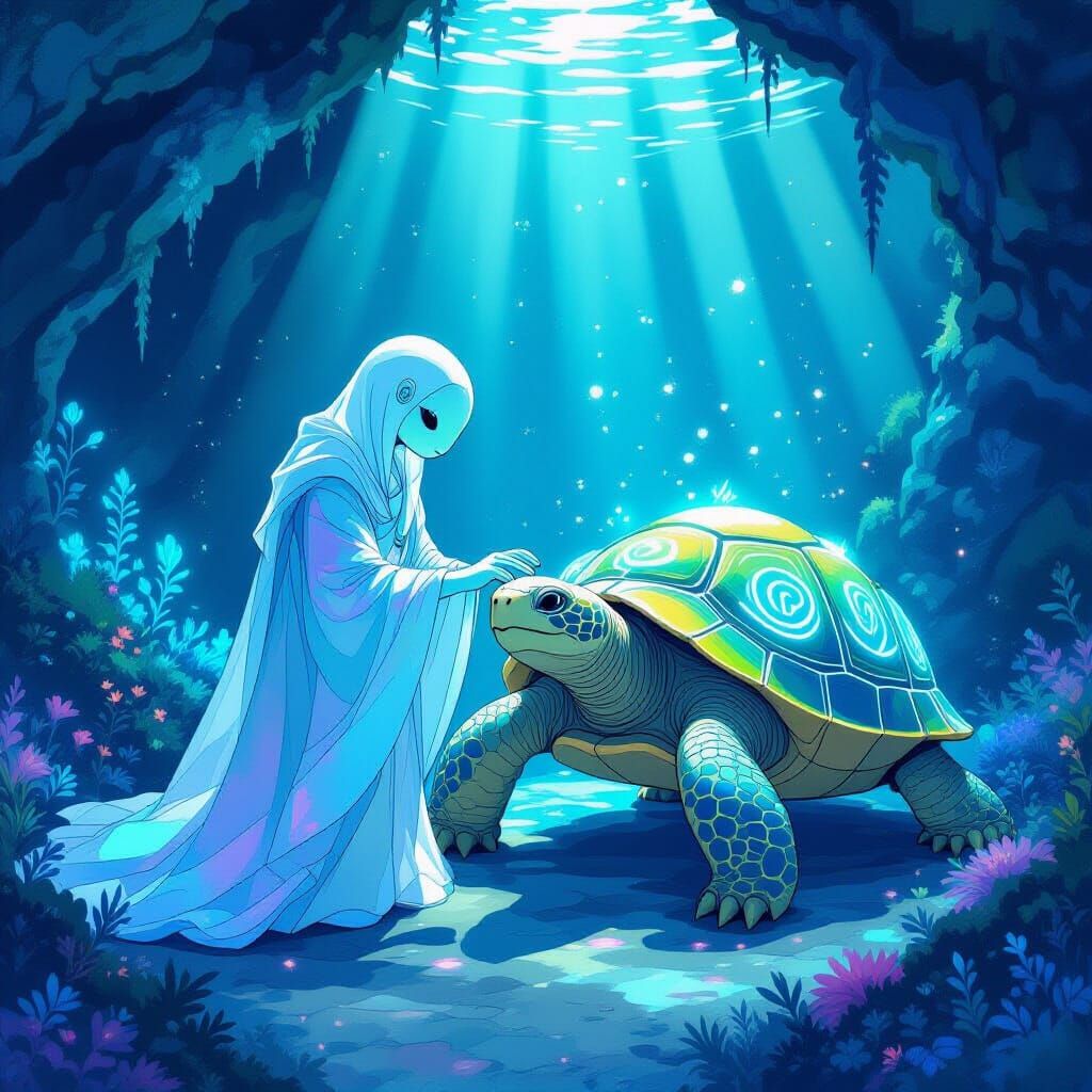 Dreamlike Underwater Grotto: Amphibious Humanoid and Rune To...