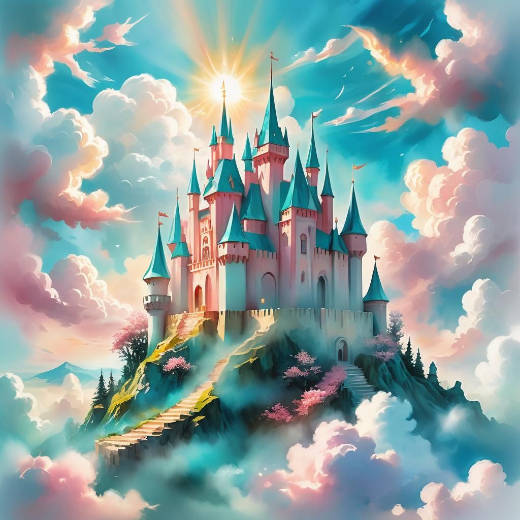 Teal and Rose Castle with Monster in Watercolor Style