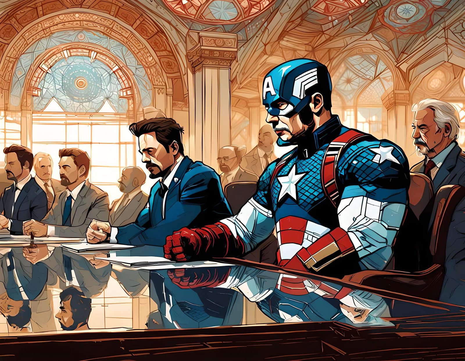 Captain America and Tony Stark at Conference Table
