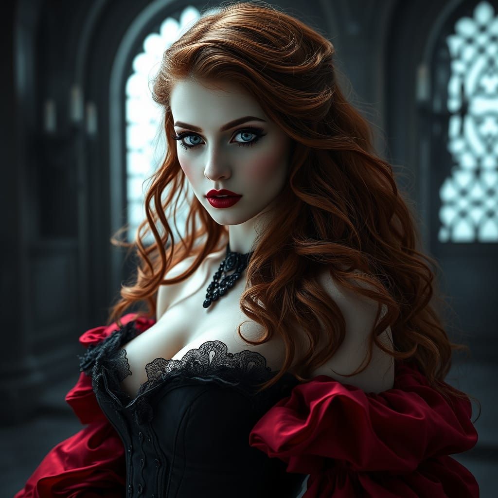 Ethereal Portrait of Lady Seraphina in Crimson Elegance