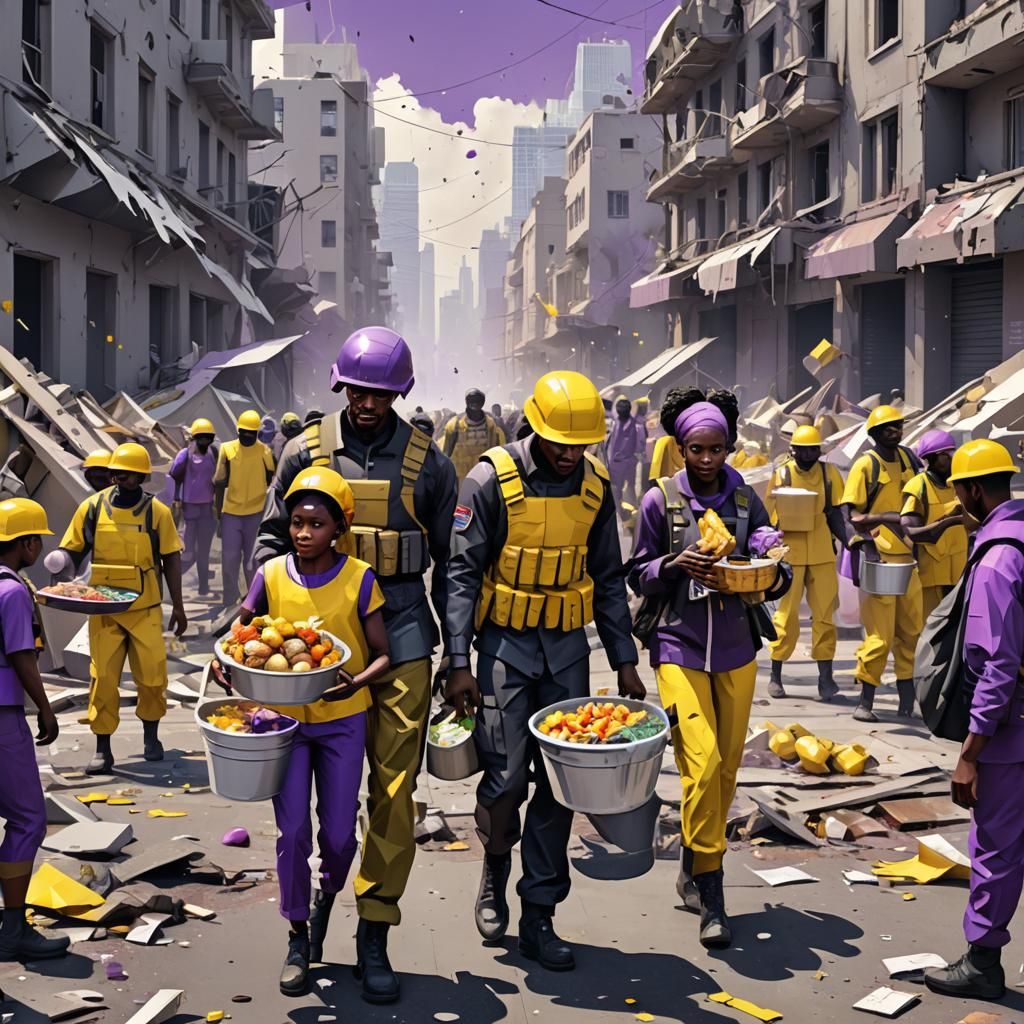 Futuristic Soldiers Aid Civilians in War-Torn City