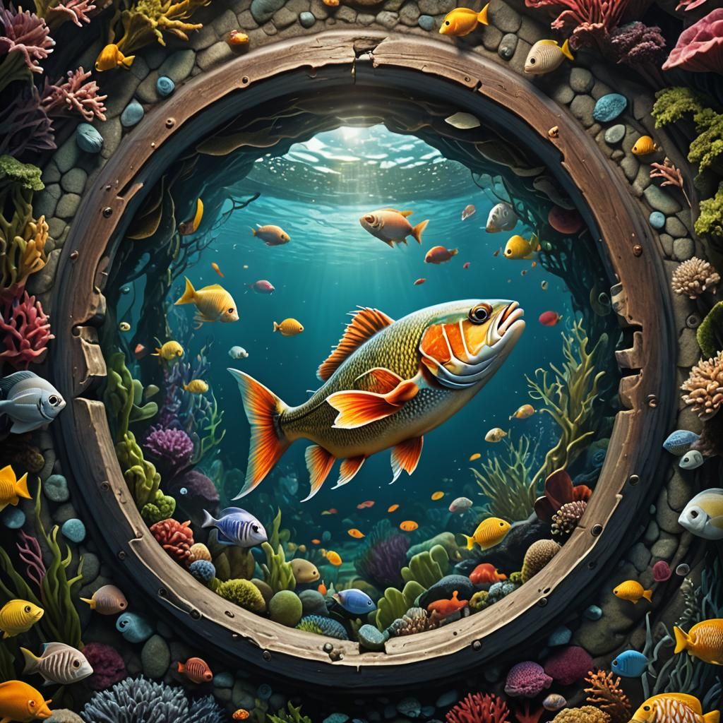 Fish Swims Through Keyhole Underwater: Hyperrealistic Detail
