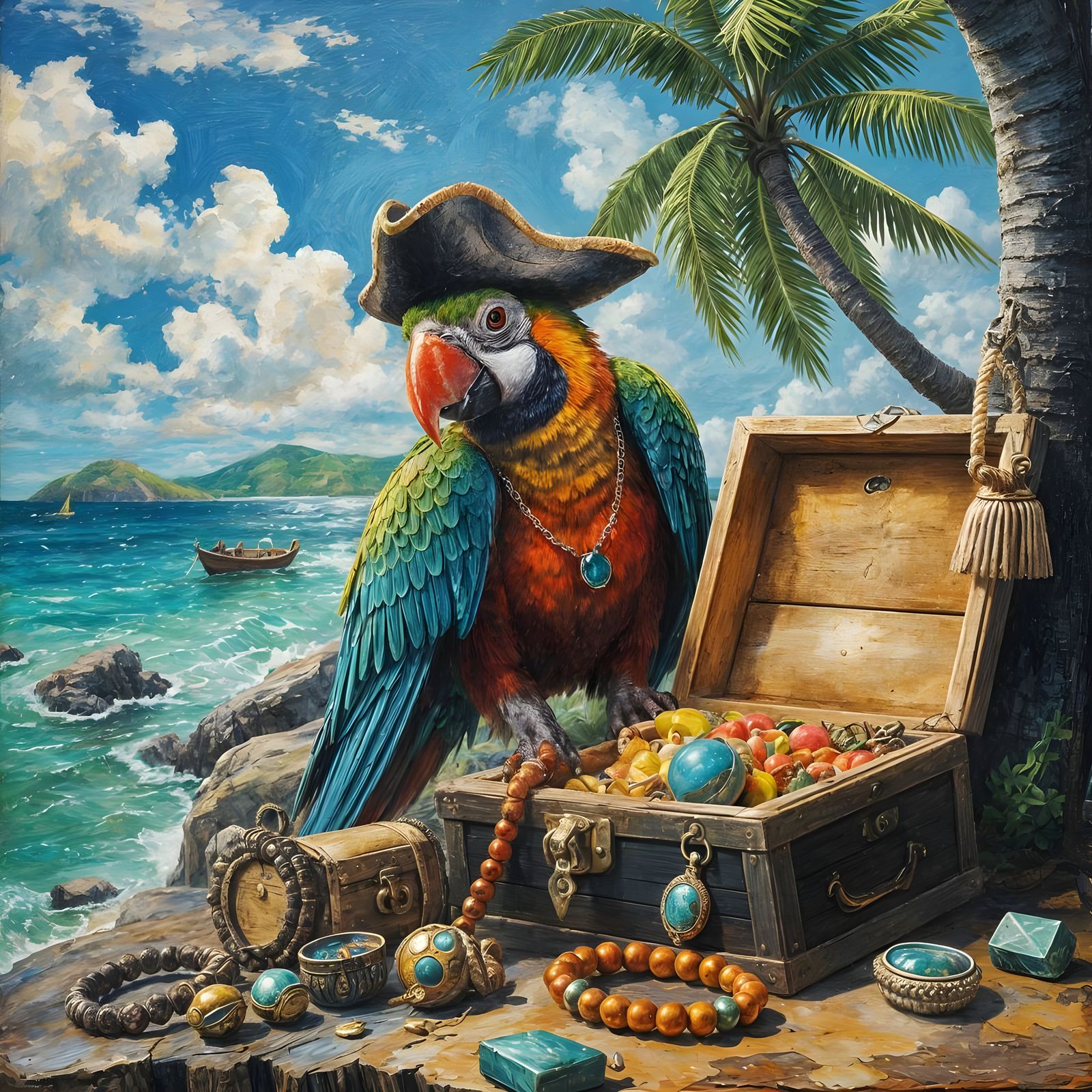 Pirate Parrot Finds Island Treasure: Impasto Painting