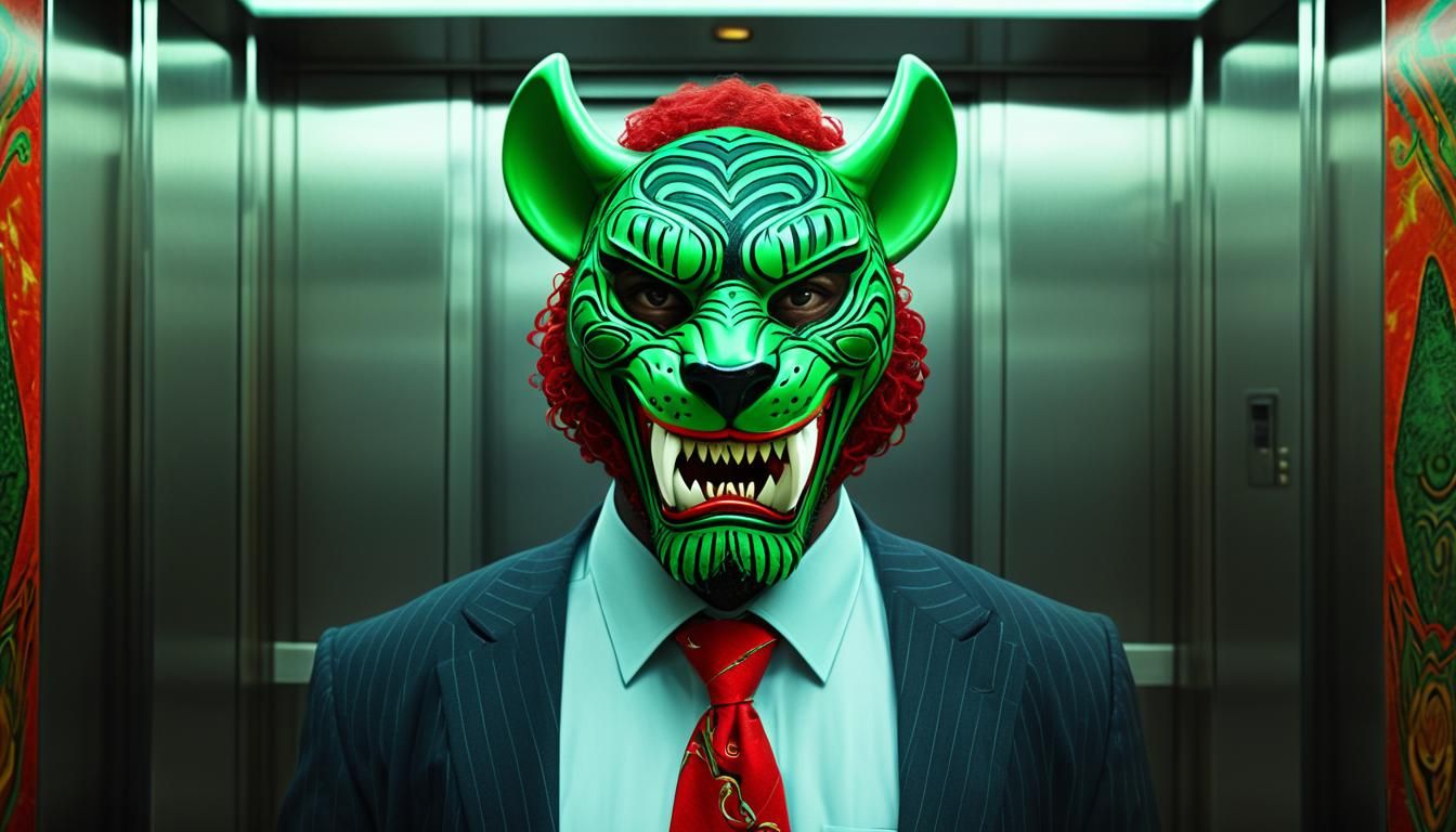 Surreal Stockbroker with African Mask in Elevator