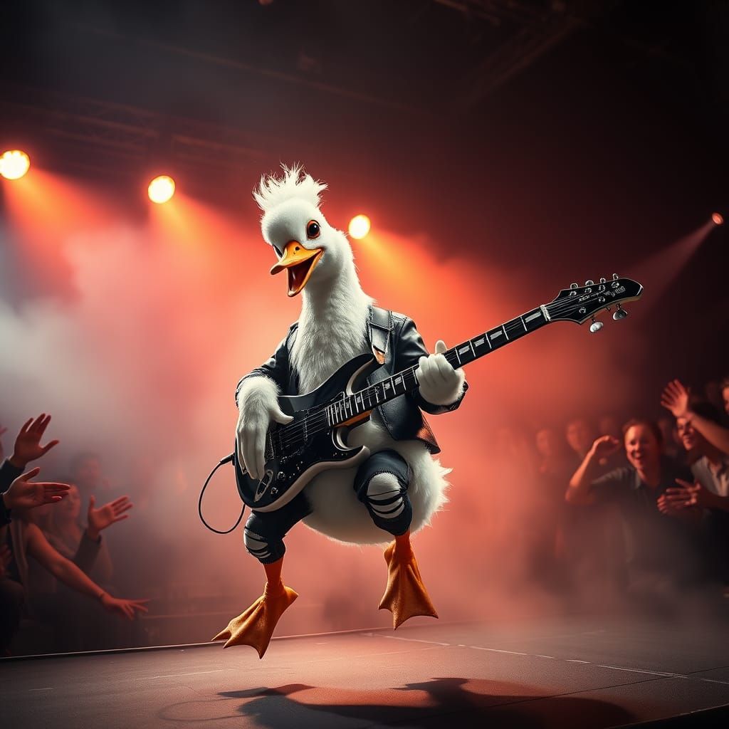 Guitar-Shredding Rockstar Duck in Futuristic Style