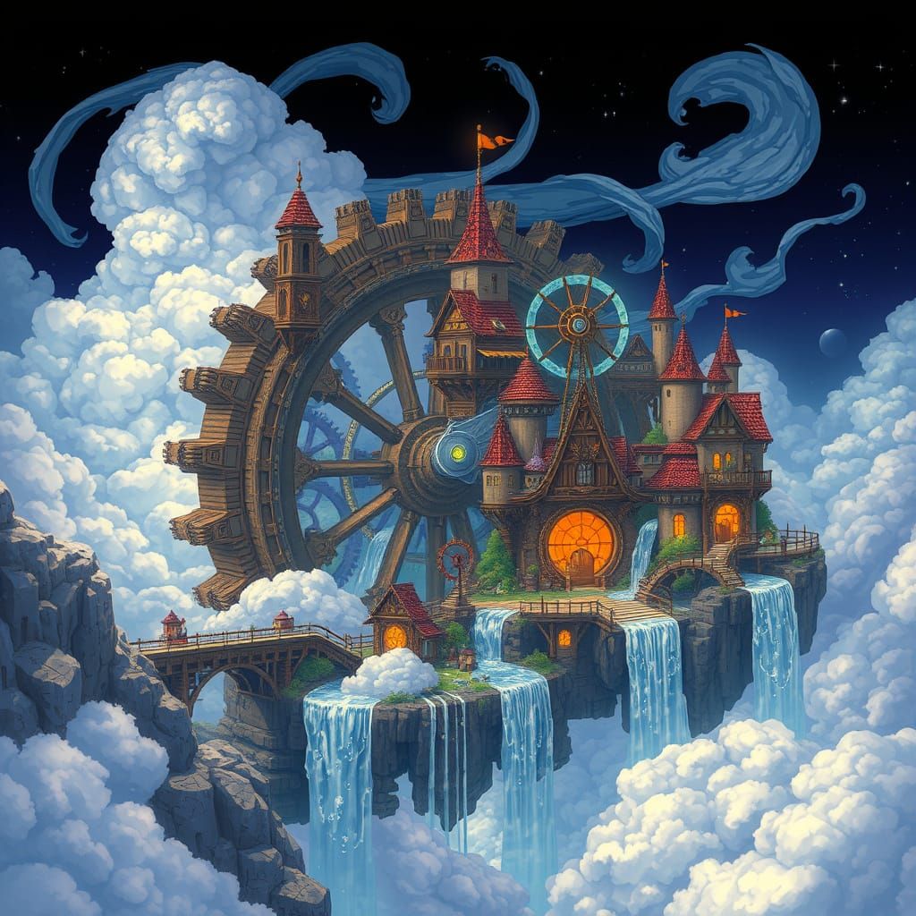 Fantasy Waterwheel Powers Floating Steampunk Village