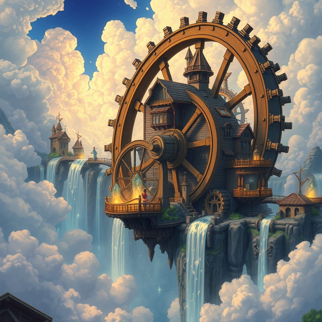 Steampunk Waterwheel Powers Floating Fantasy Village
