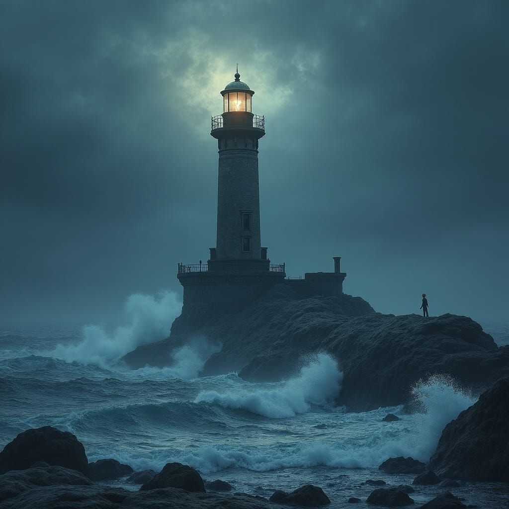 Ancient Lighthouse Against Stormy Sea in Gothic Style