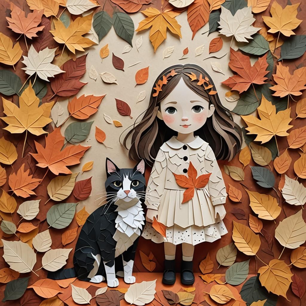 Child and Cat Surrounded by Paper Autumn Leaves