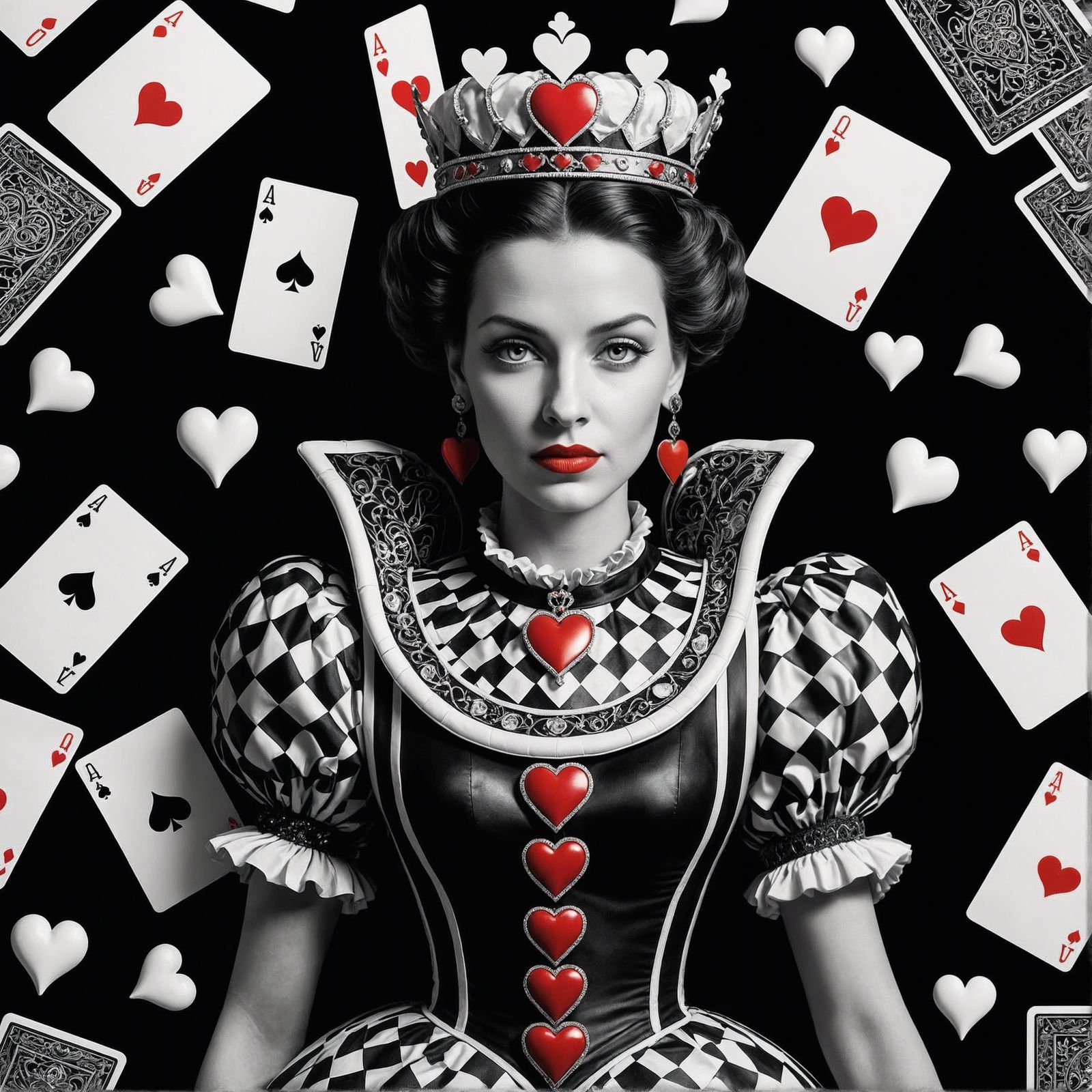 Photorealistic Queen of Hearts in Black and White