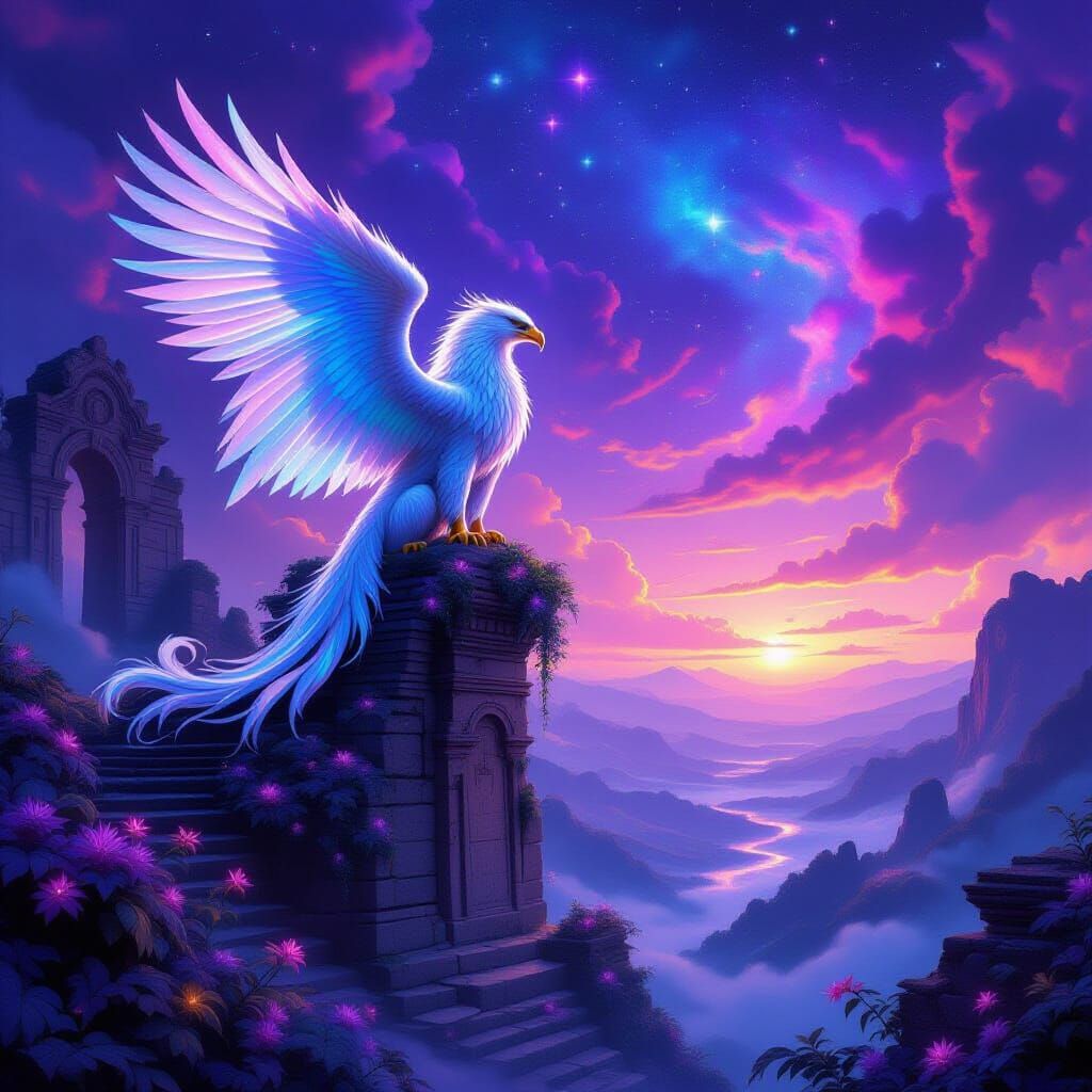 Majestic Griffin on Ancient Ruin in Nebula Sky