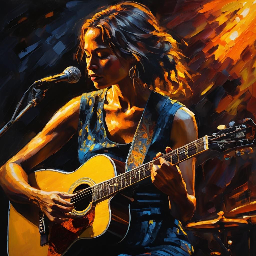 Blues Woman Plays Guitar in Expressionist Oil Painting