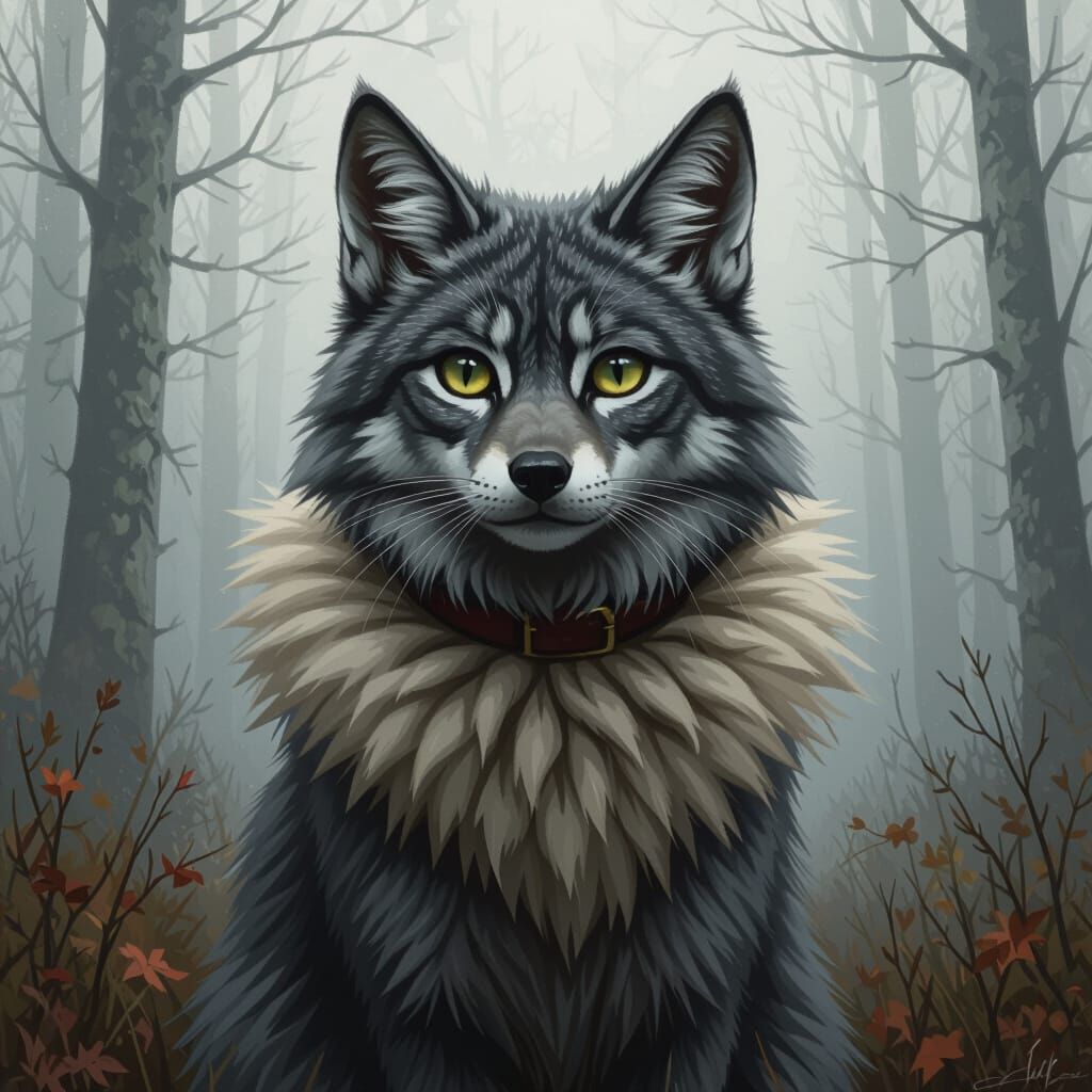 Wolf-Cat Hybrid in Misty Forest, Digital Painting