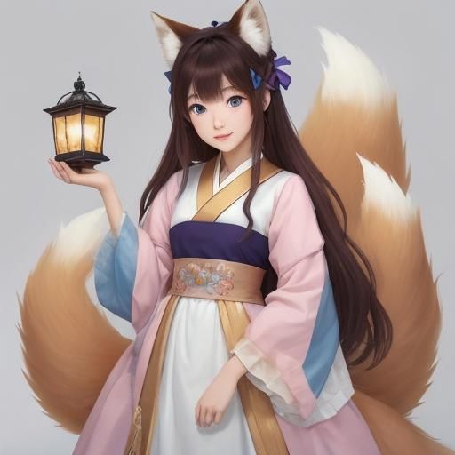 Anime Kitsune Portrait with Prismatic Lantern