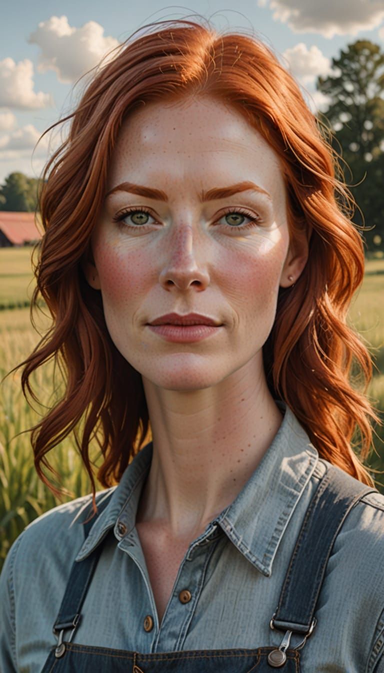Redhead Farm Girl in Folk Art Style