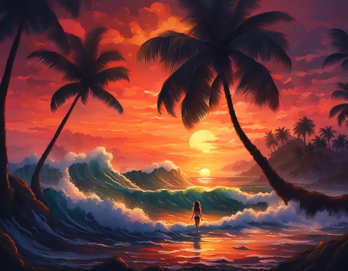 Ocean Sunset Oil Painting with Silhouette