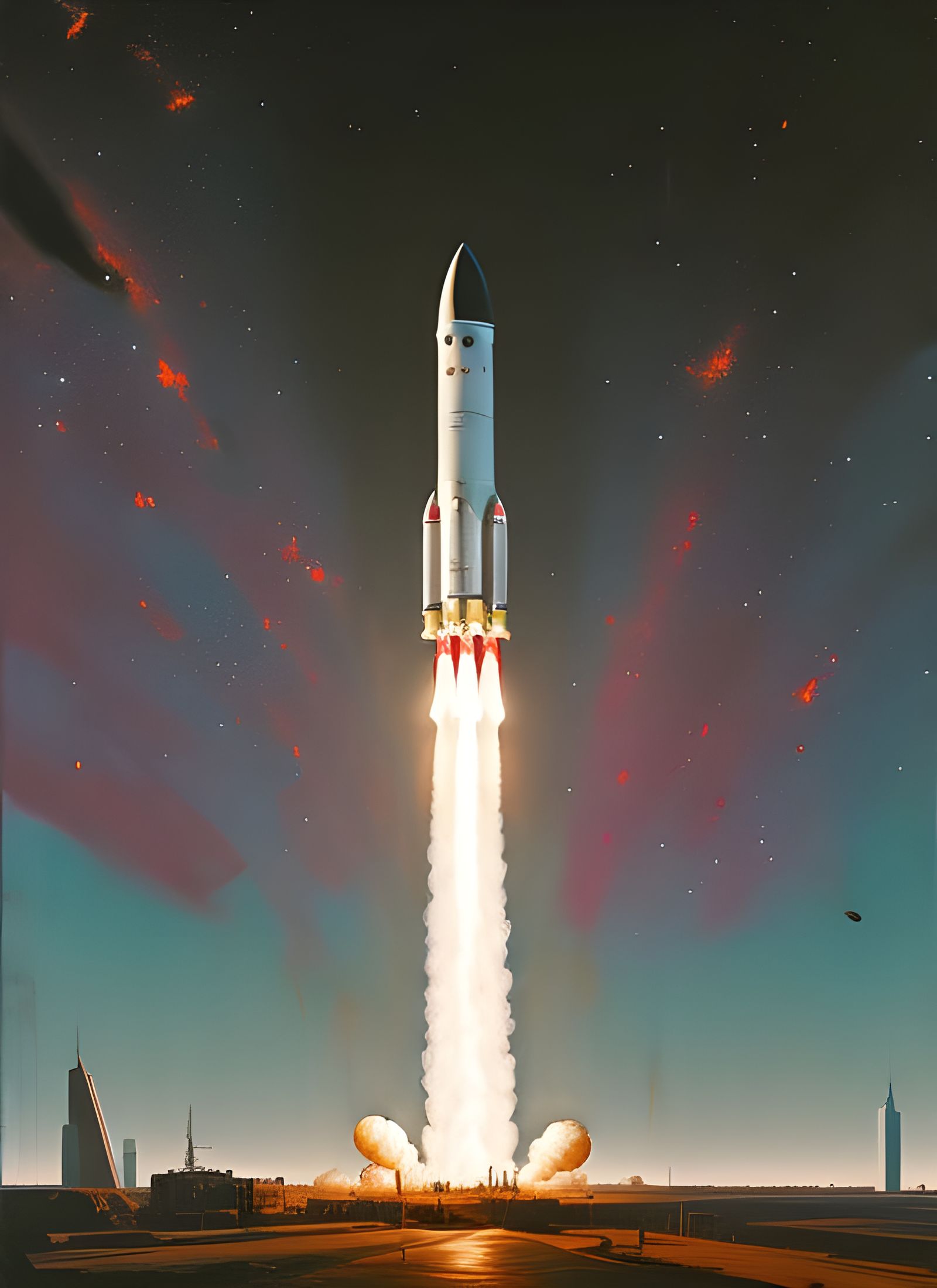 Sci-Fi City Rocket Launch in Photorealistic Style