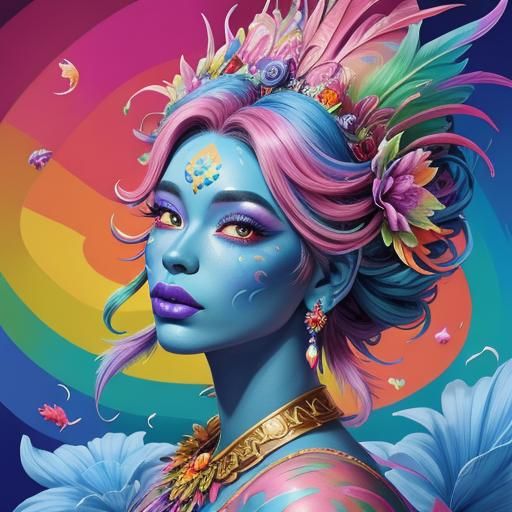 Rainbow Dragon Woman with Flower Crown in Candy Art