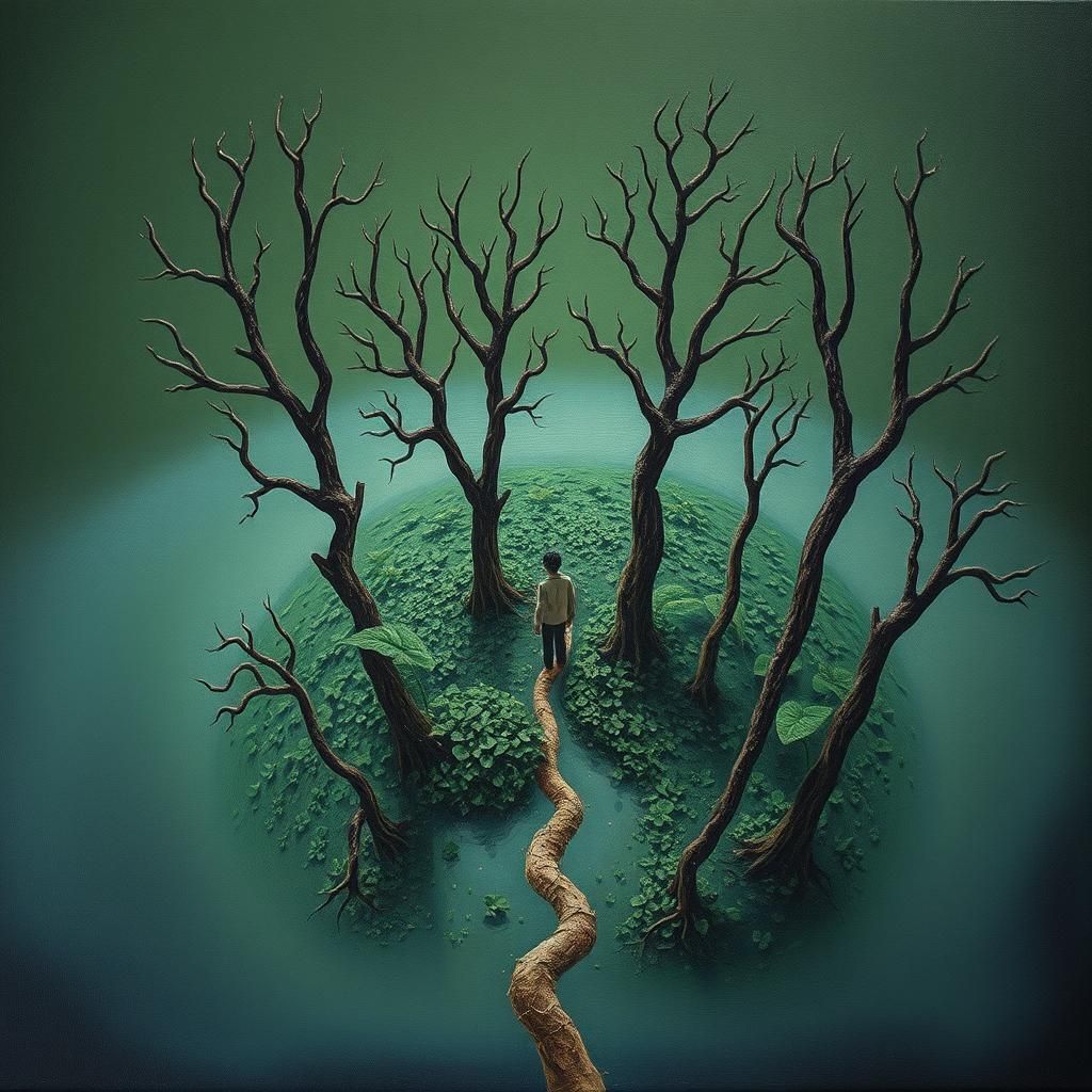 Miniature Person Lost in Surrealist Landscape