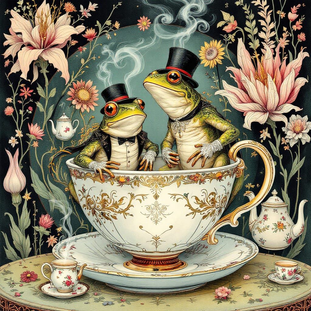 Frogs' Tea Party in a Teacup, Whimsical Illustration