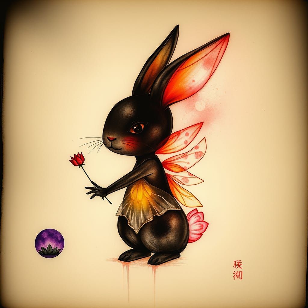 Chibi Wuxia  rabbit surreal child's drawing , Lotus Mind ,  ...
