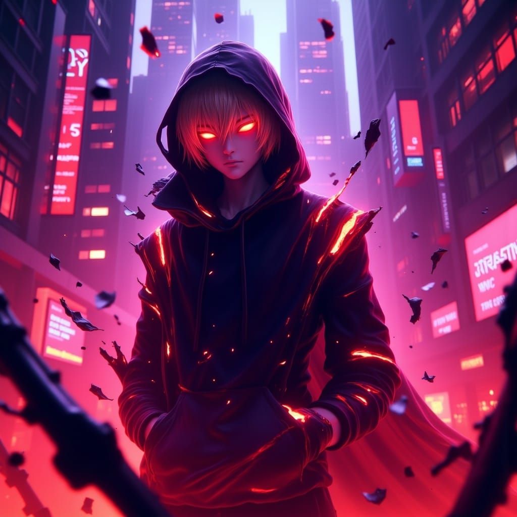 Cyberpunk Boy Embracing Inferno in Dystopian Cityscape