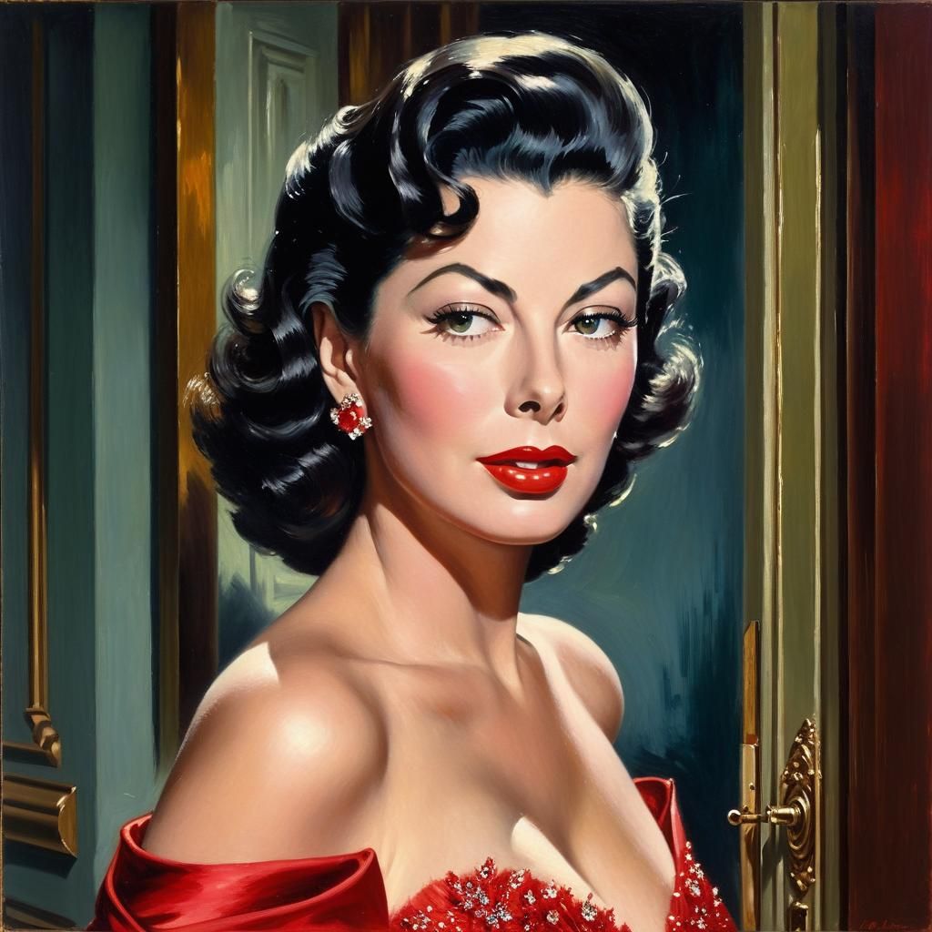 Ava Gardner in Red Gown, Impressionistic Oil Painting