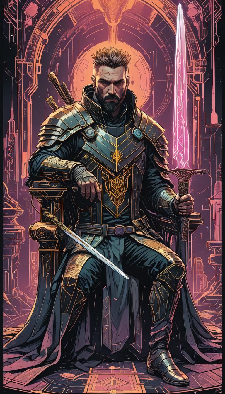 King of Swords Tarot in Cyberpunk Style