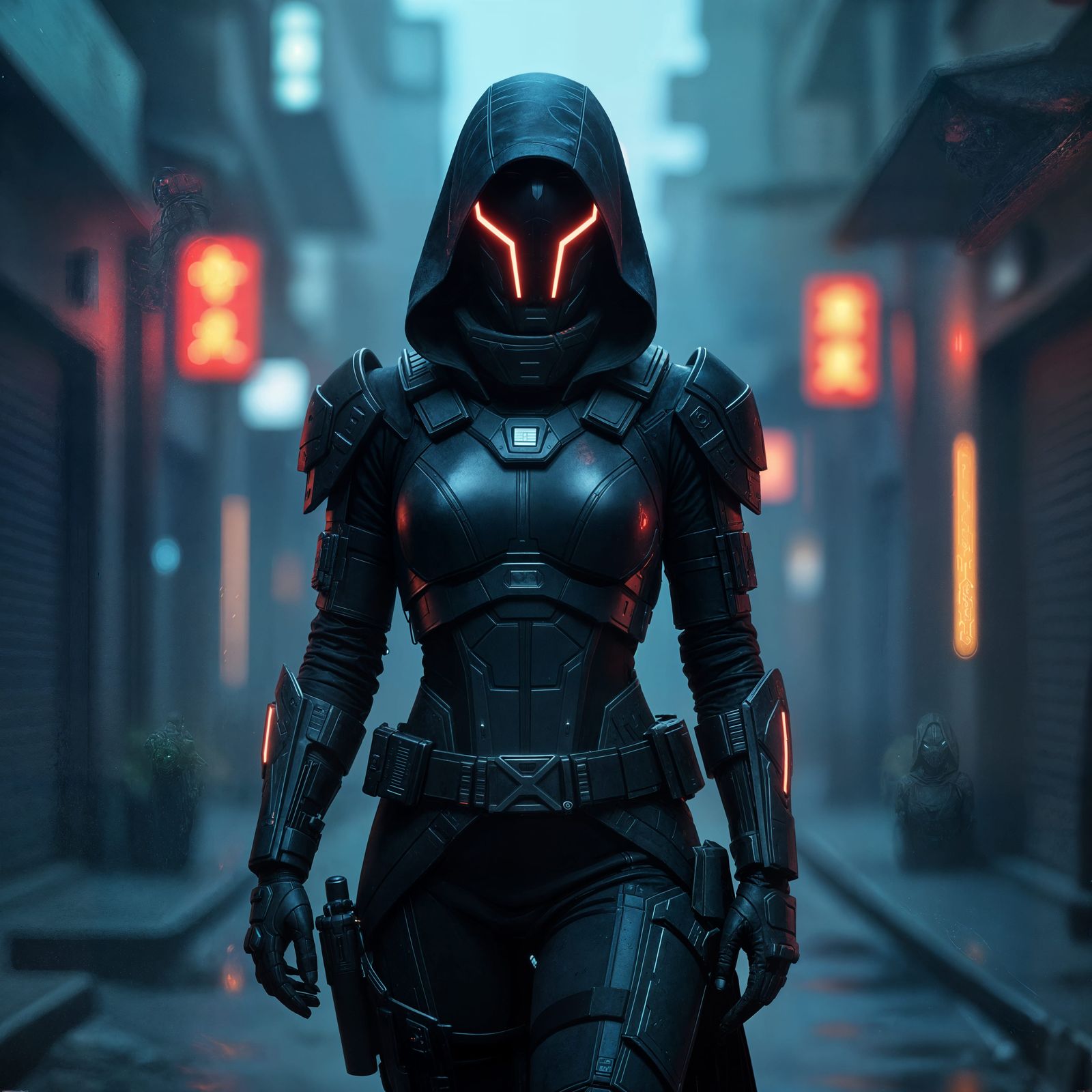 Cyberpunk Assassin in Misty, High-Tech Environment