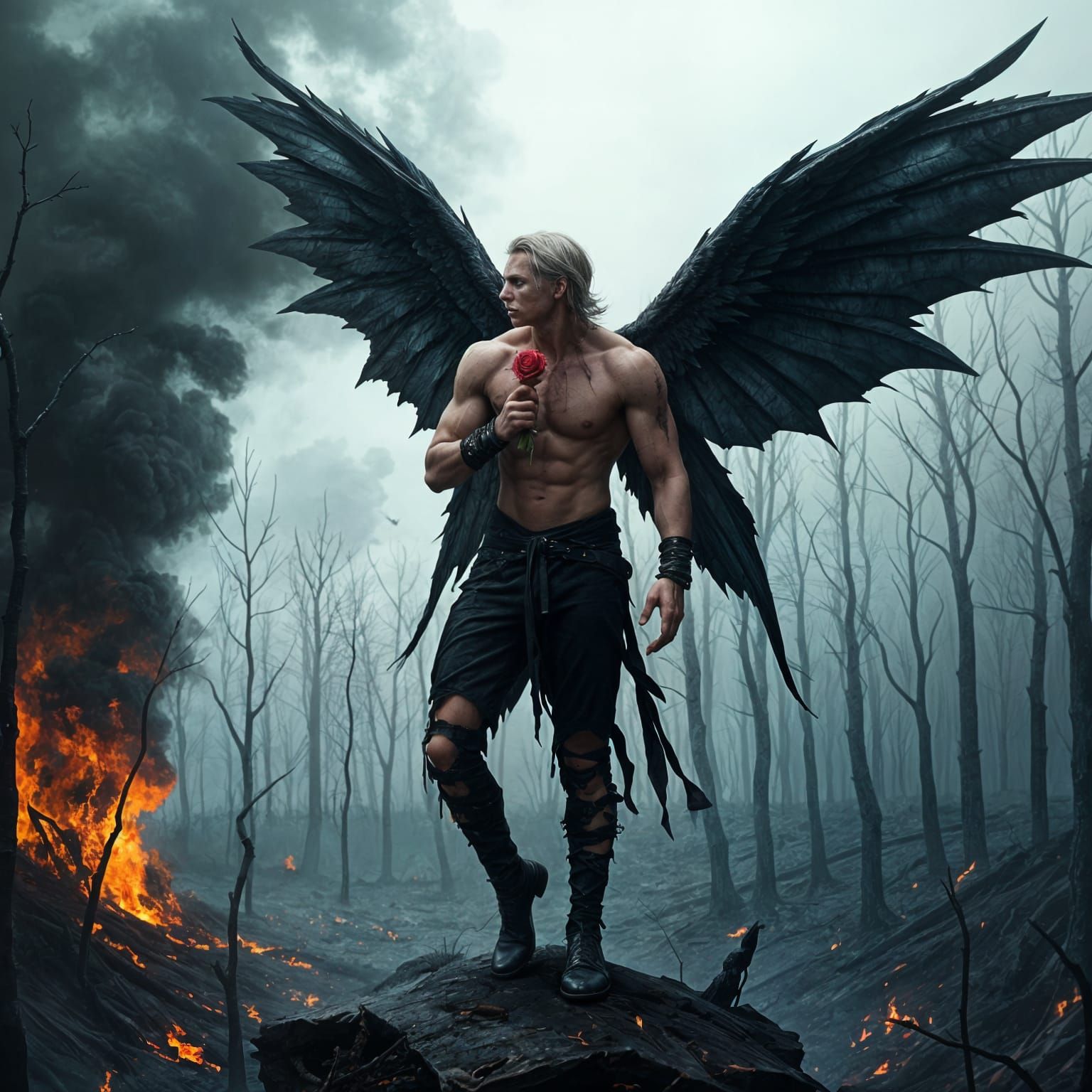 Sad Fairy with Rose in Blighted Forest