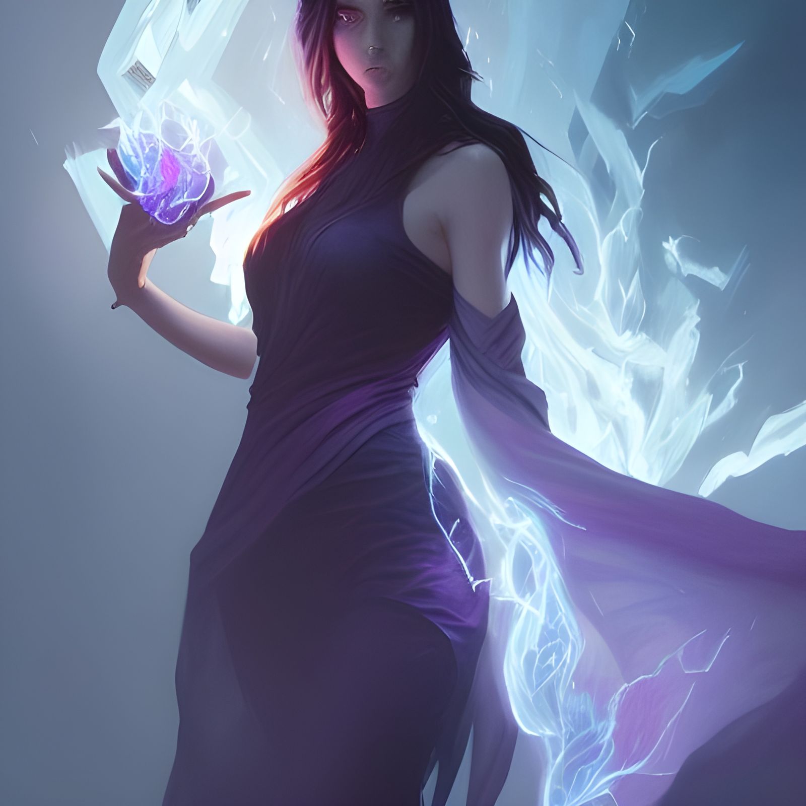 Elegant Sorceress Surrounded by Blue Fire, Digital Art