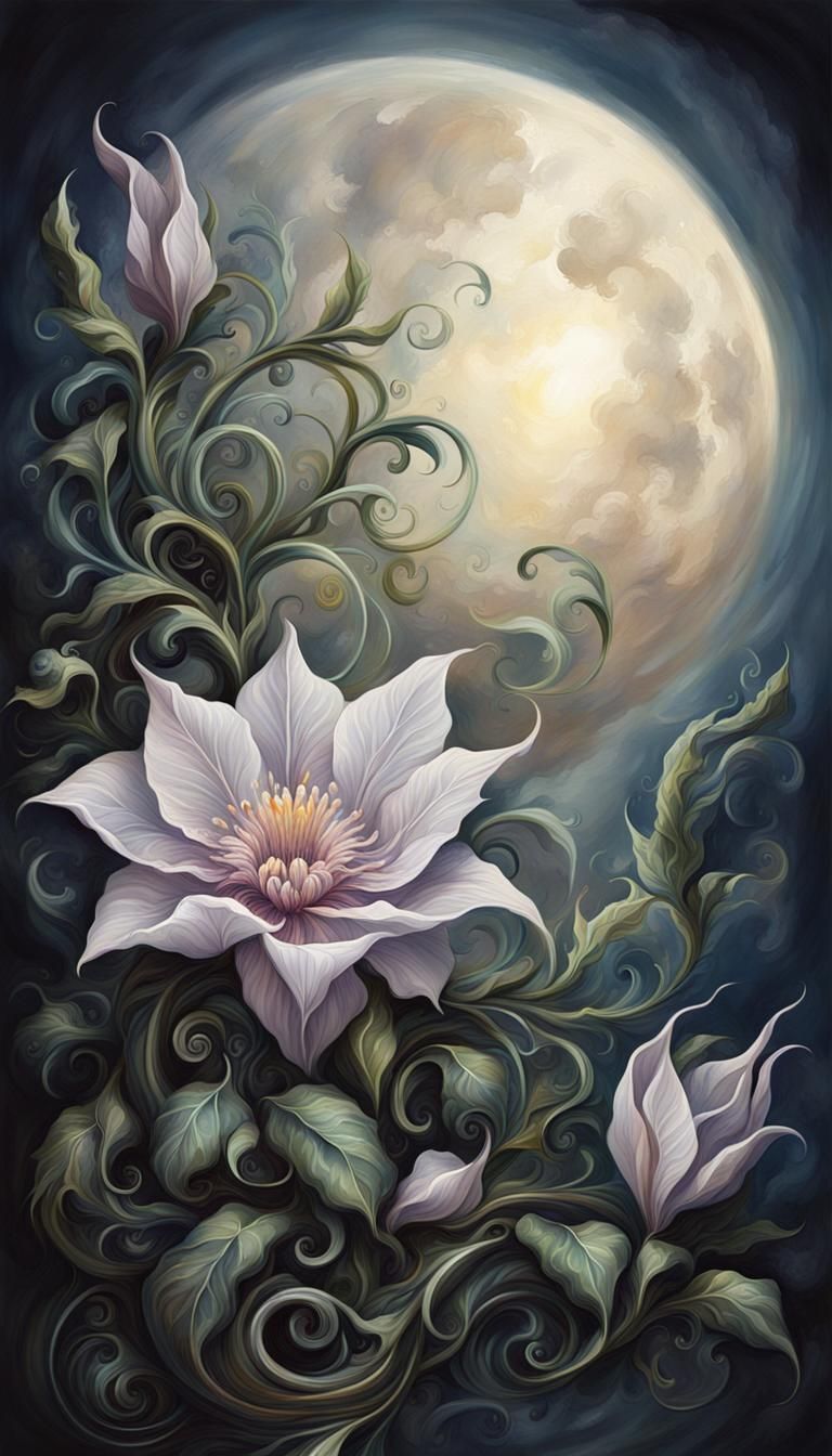 Dramatic Fantasy Moon Flower Painting