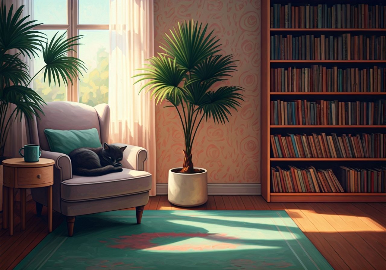 Cozy Reading Nook with Cat as Oil Painting