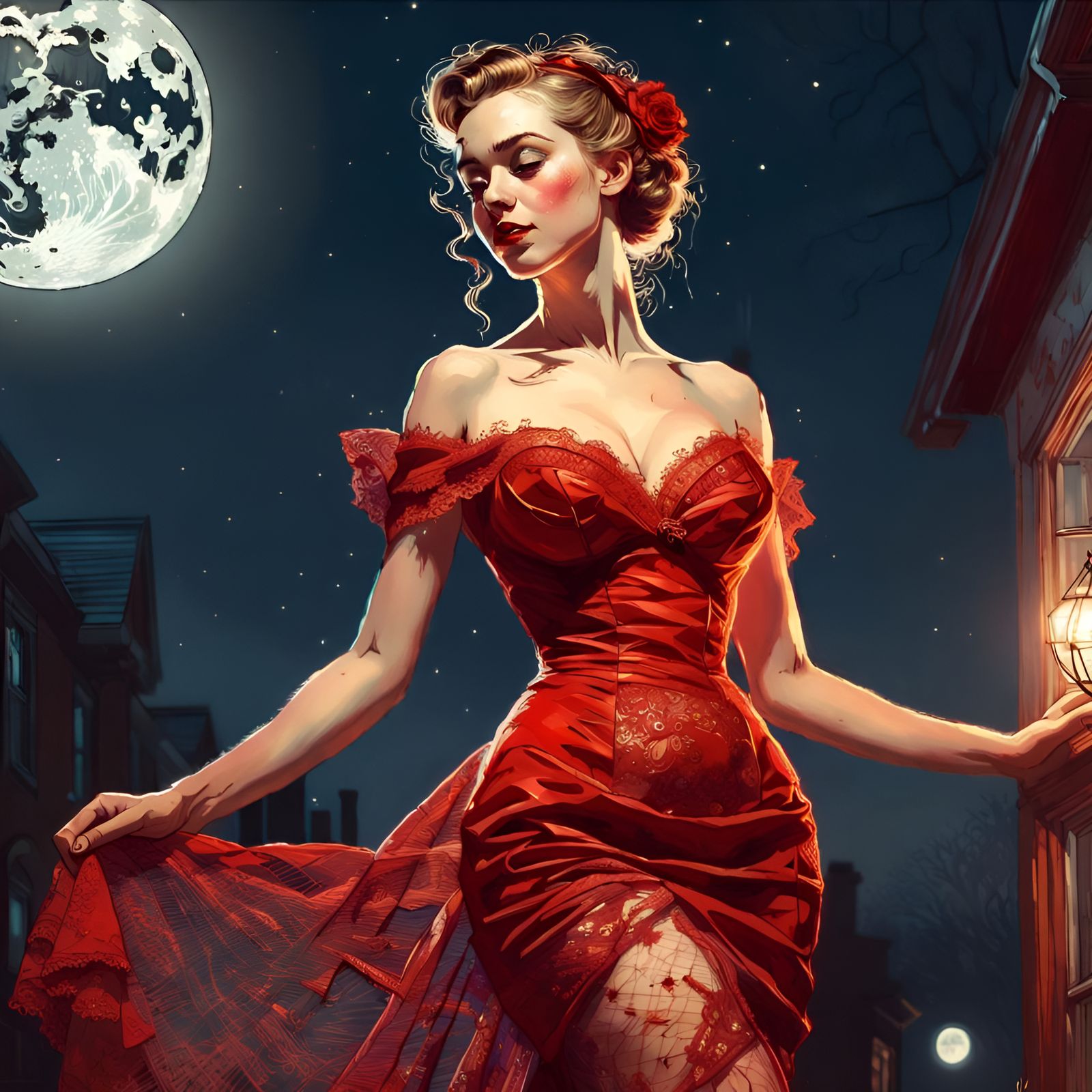 Glamorous Bride in Red Dress, Digital Art