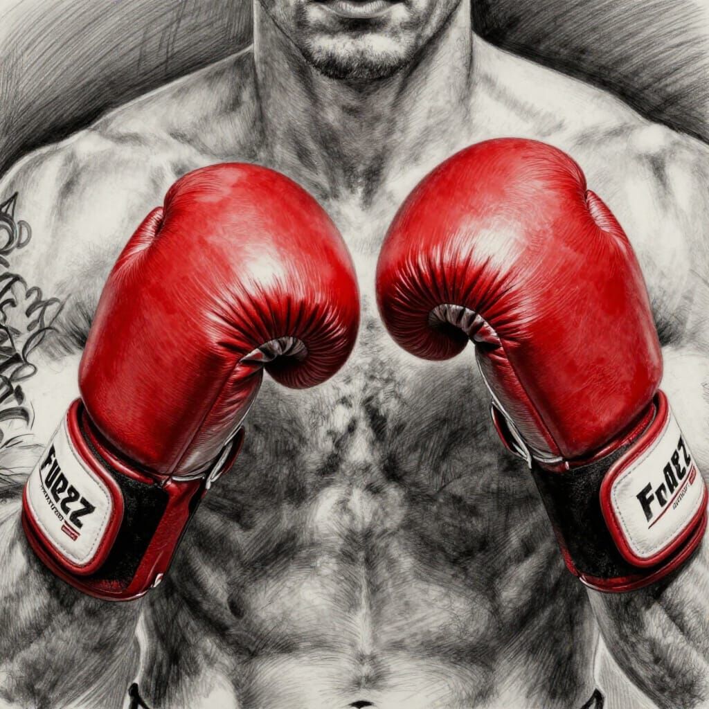 Hyperdetailed Charcoal Drawing of Red Boxing Glove Chest Tat...