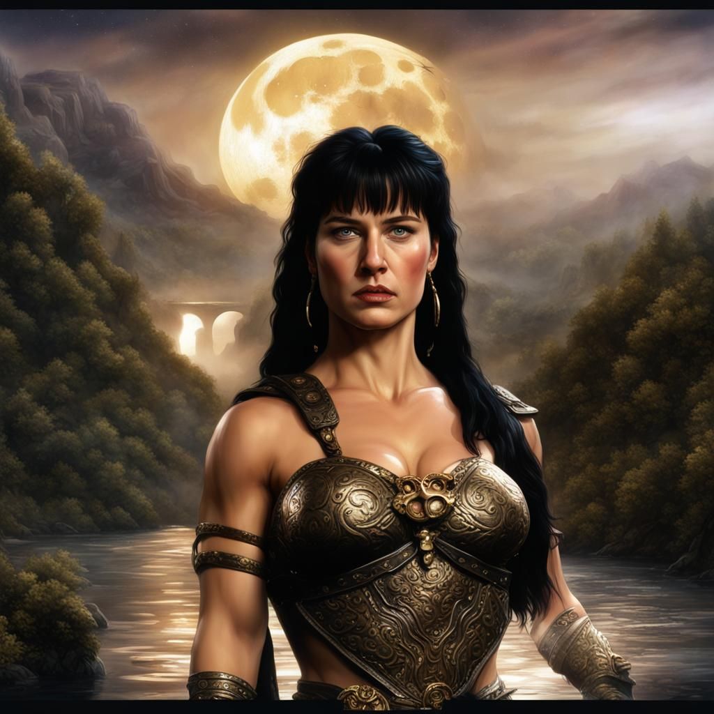 Xena Walks on River Under Full Moon: Matte Painting