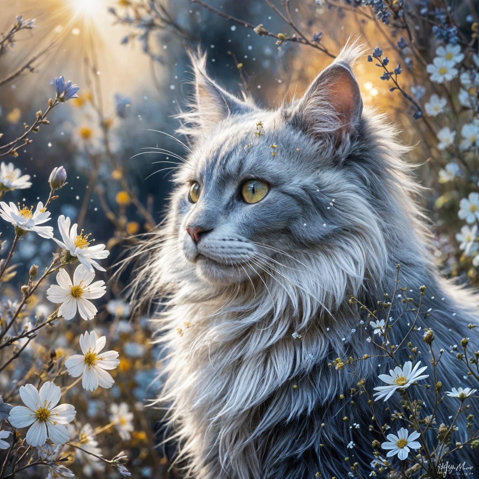 Angora Cat Among Flowers in Watercolor Style