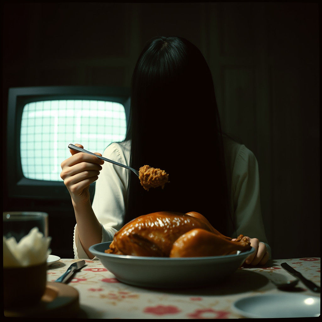 Creepy Japanese Ghost Woman Eating Turkey