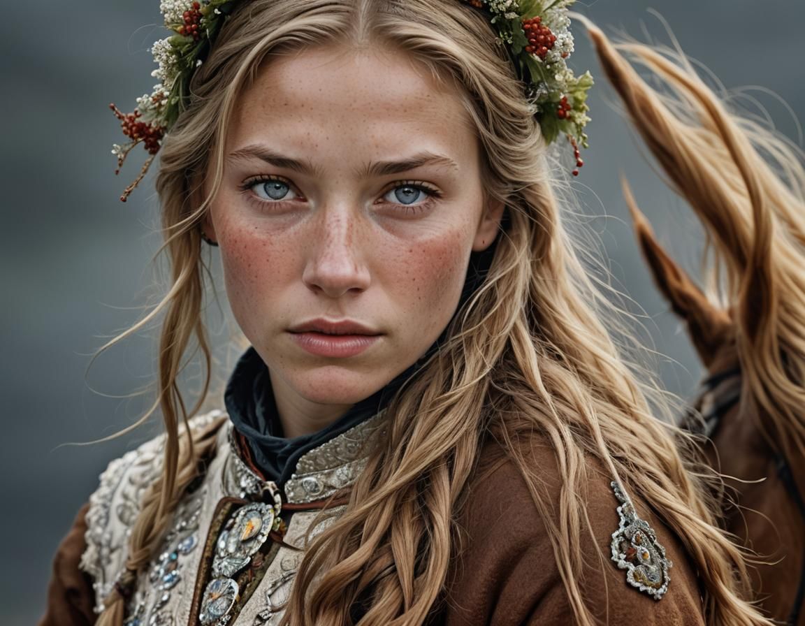 Scandinavian Girl Riding Horse: Detailed Color Portrait