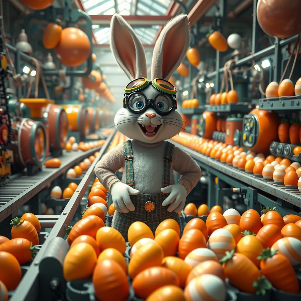 Joyful Easter Bunny Oversees Whimsical Egg-Painting Factory