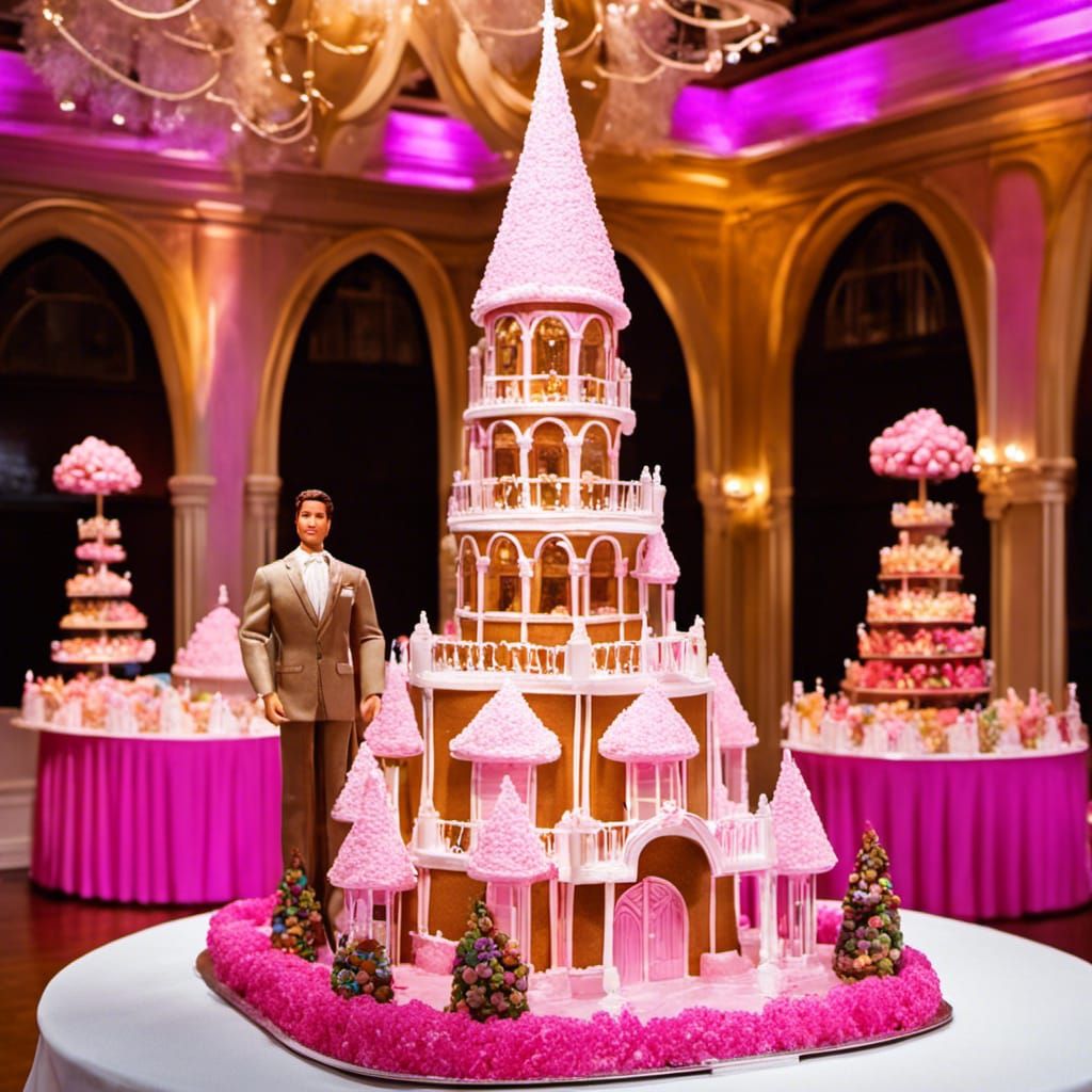 Massive towering Barbie and Ken wedding cake.
