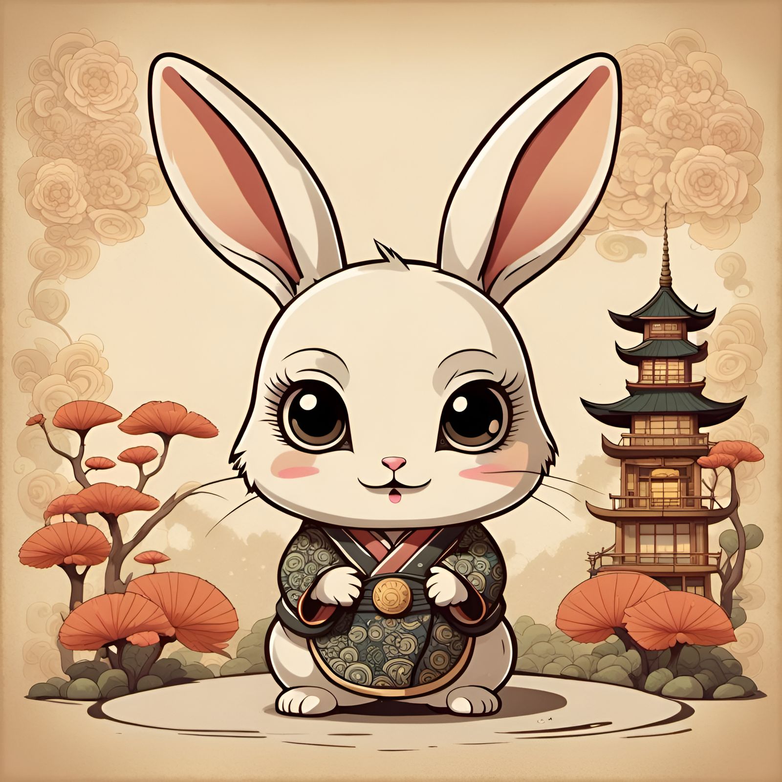 Super Cute Chibi Rabbit in Vintage Japanese Style