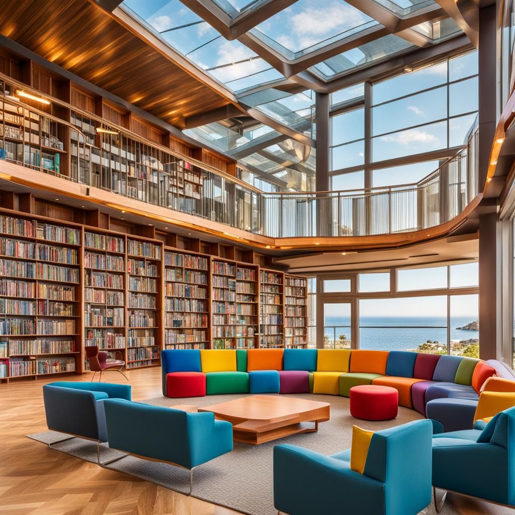 Colorful Seaside Library with Ancient Exhibits
