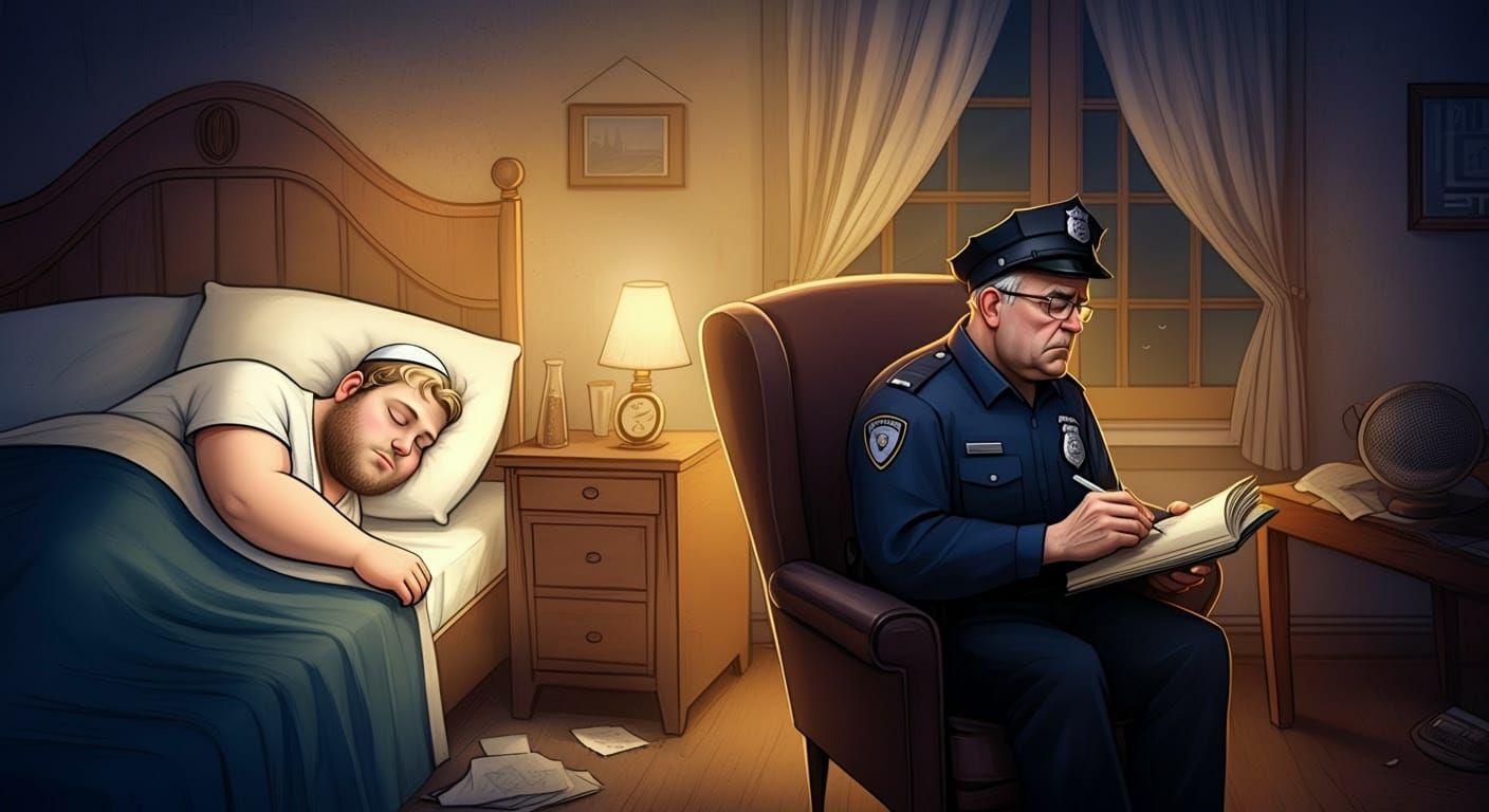 Comical Police Surveillance in a Cozy Bedroom Scene