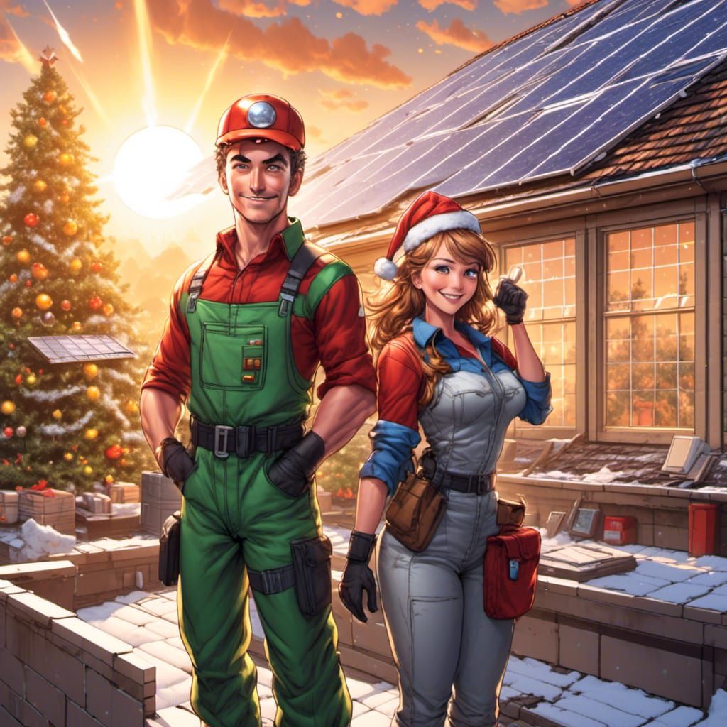 Electricians in Marvel Comics Style with Solar Panels