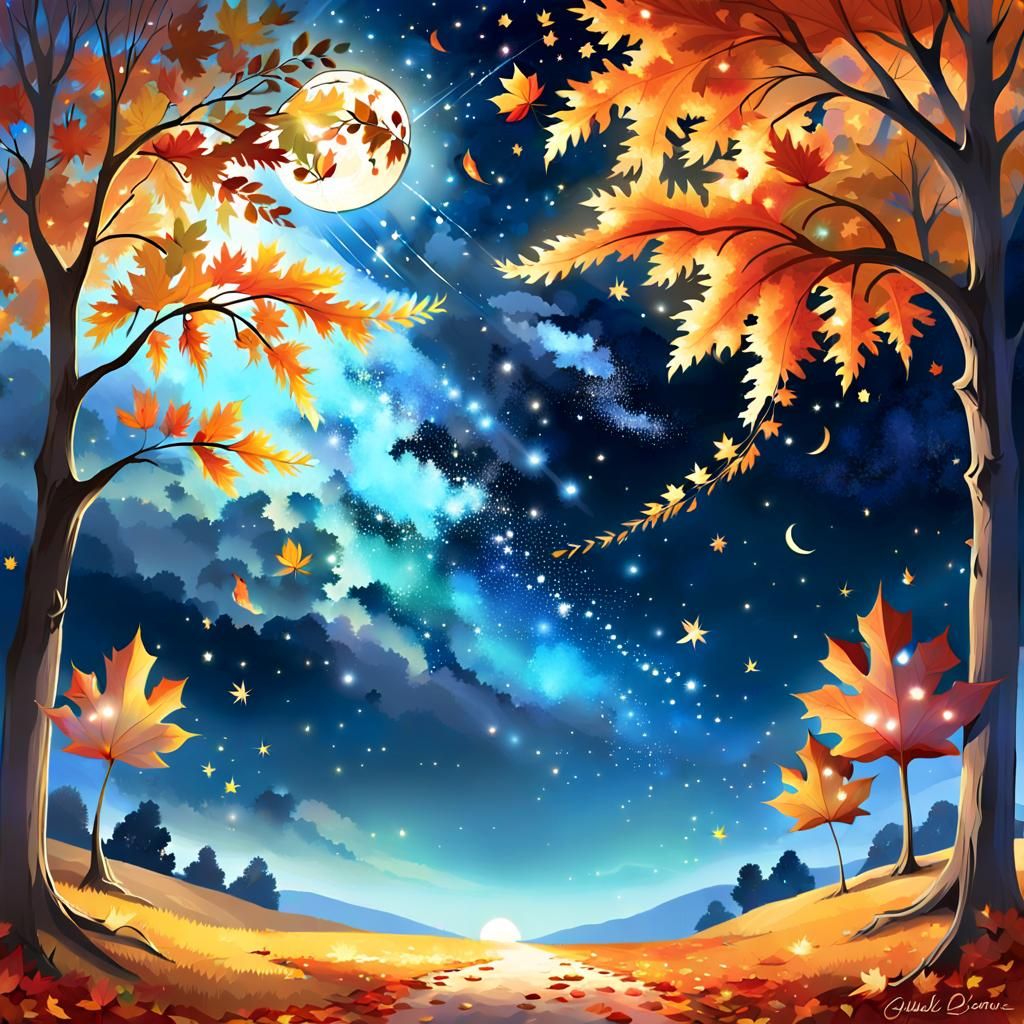 Autumn Leaves Dancing Under Starry Night Sky