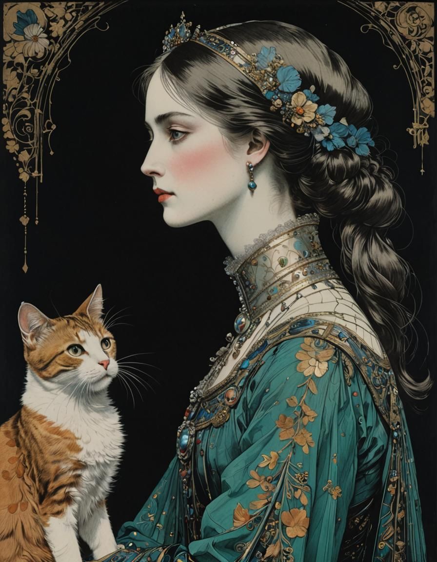 Woman with Cat Portrait in Alcohol Ink Style