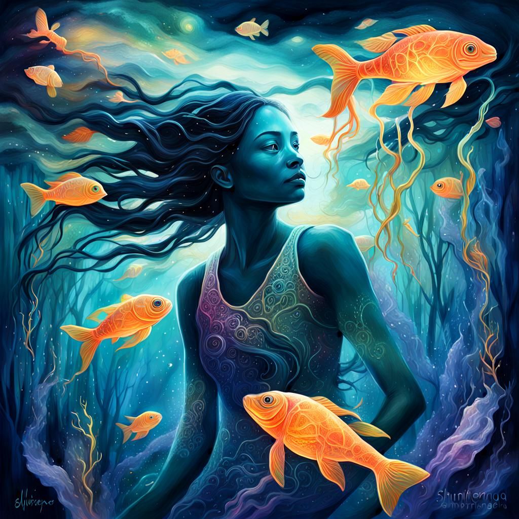 Bioluminescent Alien's Underwater Abode in Mixed Media